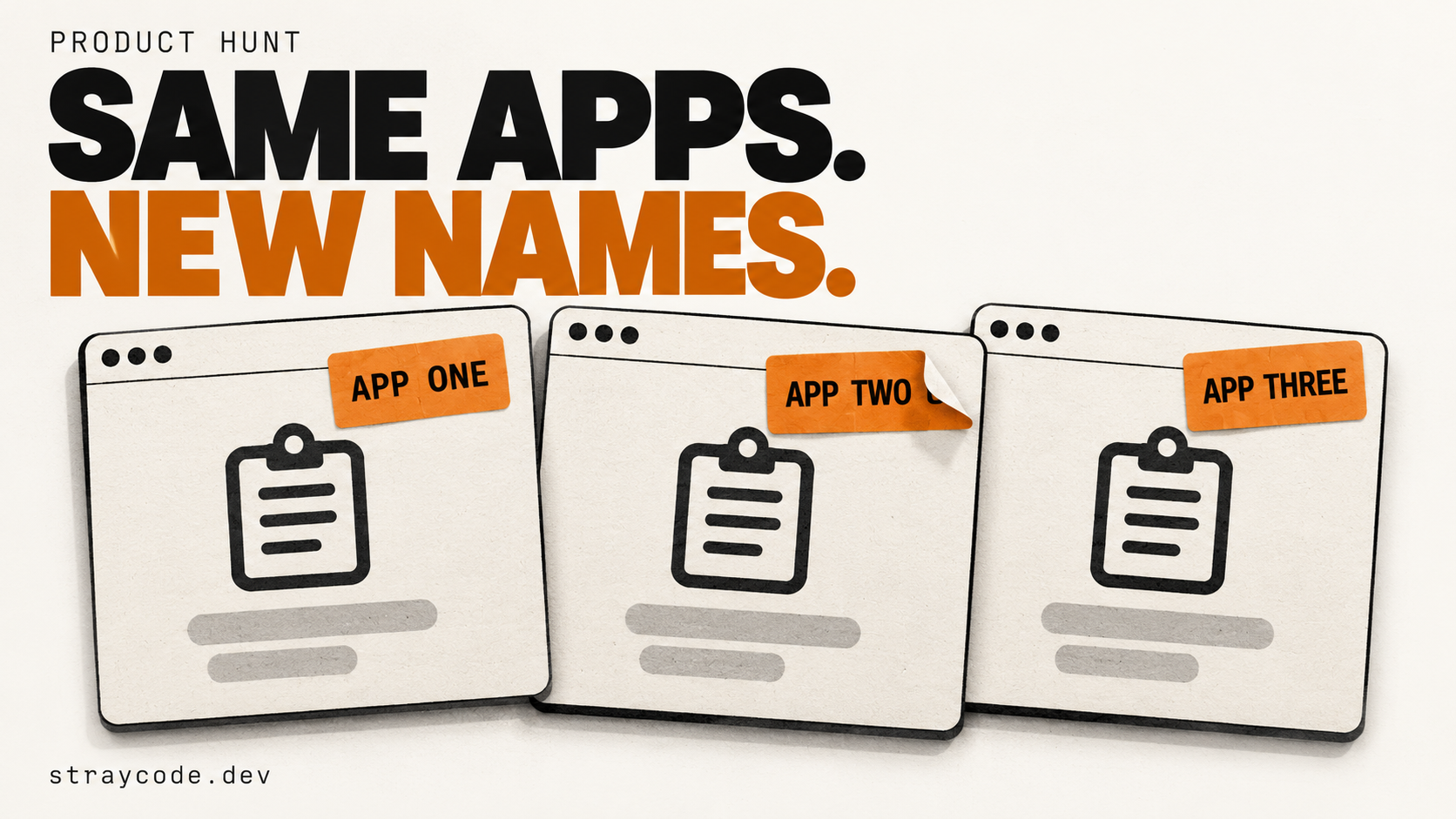 Three identical app windows with different orange name labels: Same Apps. New Names.